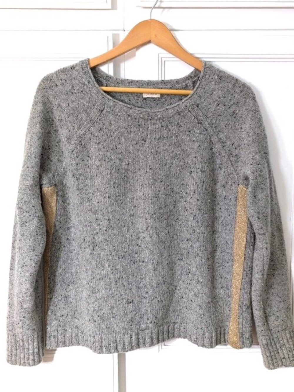 J Crew Lamb Wool Blend Crewneck Sweater with‎ Gold Side Panels Marled Gray M